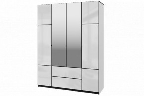 Шкаф 4-х дверный Палермо 02 с ящиками и зеркалом Белый гладкий шелк/Черный гладкий шелк в Тюмени - tyumen.mebel-74.com | фото